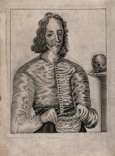 King Charles I holding holding the cap in which he was executed; a skull on pedestal to right