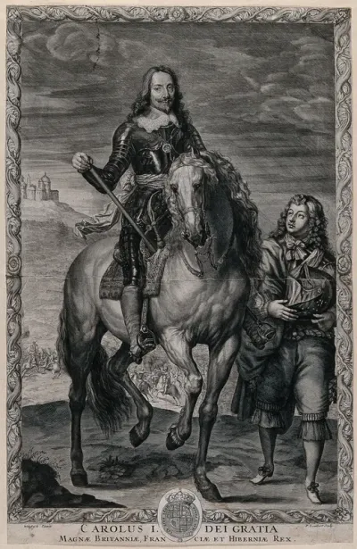 King Charles I on horseback wearing armour, a page at his side is holding his helmet; battle in the background