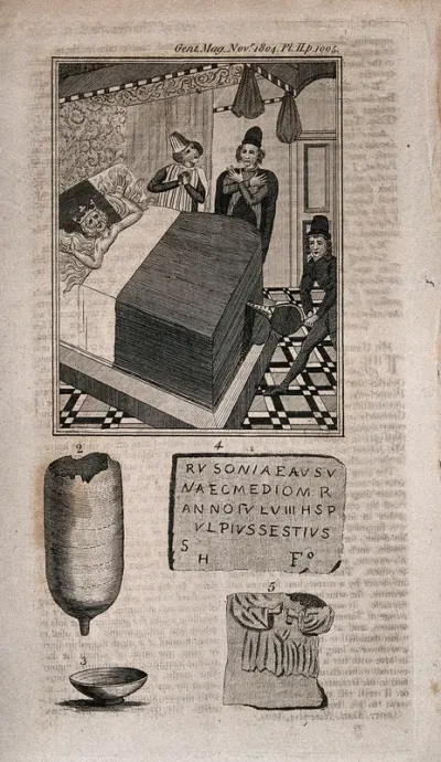 King Charles the Bad of Navarre being burnt to death in bed, while others pray and panic about him