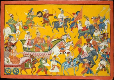 King Dasaratha and His Retinue Proceed to Rama's Wedding:  Folio from the Shangri Ramayana Series (Style II)