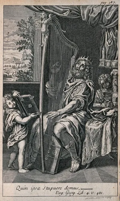 King David is playing the harp as a boy holds open a book of music for him to follow and a woman sits at a writing desk in the background