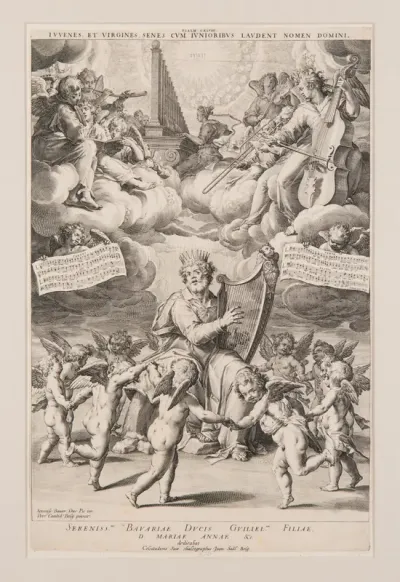 King David Playing the Harp with Angels Dancing and Playing Music