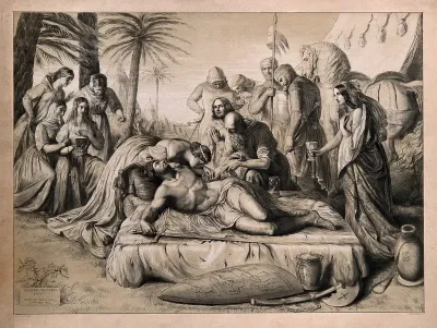 King Edward I of England, wounded in the arm during a Crusade, has the poison sucked from the wound by Queen Eleanor