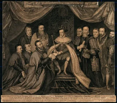 King Edward VI, seated on a throne, presenting the Charter of Bridewell Hospital to the Lord Mayor and Aldermen of London