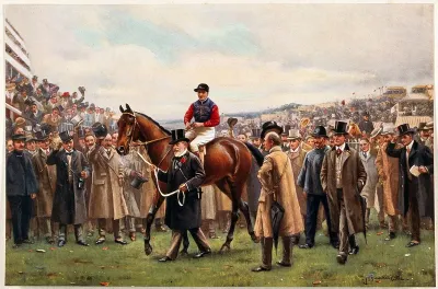 King Edward VII leads his horse Minoru through a cheering crowd to the winner's encloure after winning the Derby in 1909