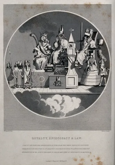 King George I representing royalty, a bishop representing episcopacy; and a judge representing law, all as seen through a telescope as inhabitants of the moon