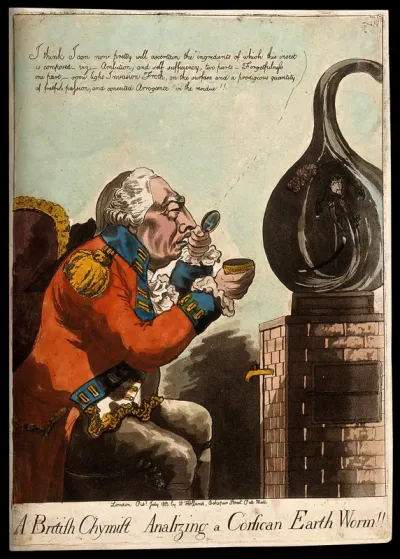 King George III analysing the residue from a large glass retort containing a small figure; representing the English view of Napoleon