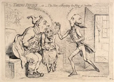 King George III and Queen Charlotte, seated at a latrine, receive with agitation news from William Pitt the younger, who tells them that the King of Sweden had been assassinated