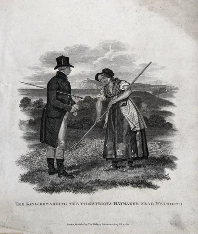King George III giving money from his purse to a woman who is raking hay near Weymouth, Dorset