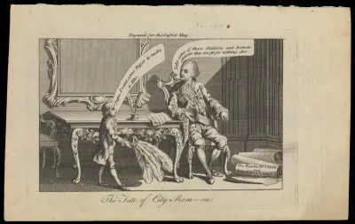 King George III sits at a table approached by his son, the Prince of Wales