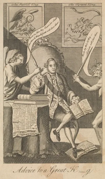 King George III sits in his library pondering which advice to accept: to govern by law or by force