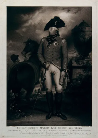 King George III standing, in military uniform; horse in the background