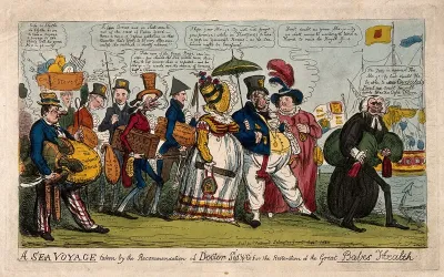 King George IV and entourage laden with provisions, about to embark from Brighton in the Royal Yacht; representing the extravagant monarch's distressed retreat from England at the time of the Queen's trial