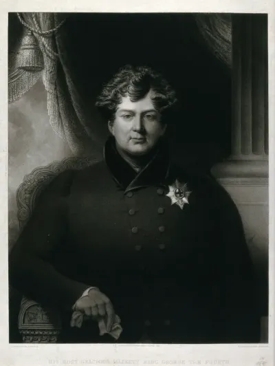 King George IV, seated in an armchair, holding a glove in his right hand