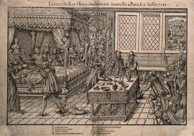 King Henry II of France on his deathbed, with members of the royal family and the royal household in attendance