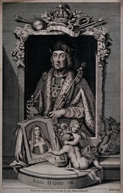 King Henry VII, holding a sceptre and an orb; below, Elizabeth of York and two putti holding roses