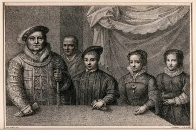 King Henry VIII and his three children; Will Summers, the King's jester is in the background