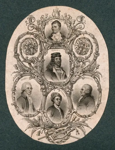 King James I and VI, with four Scottish writers: Robert Burns, John (?) Home, Allan Ramsay, and James Beattie