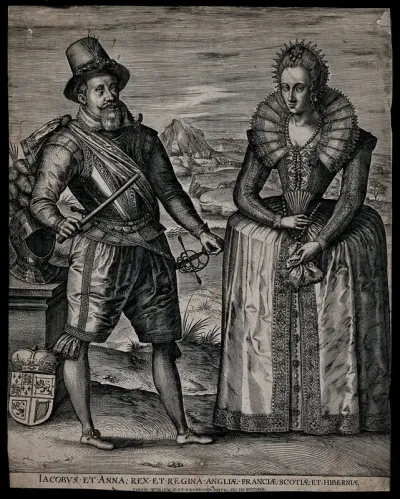 King James I of England and VI of Scotland, and his consort Anne of Denmark, in a landscape