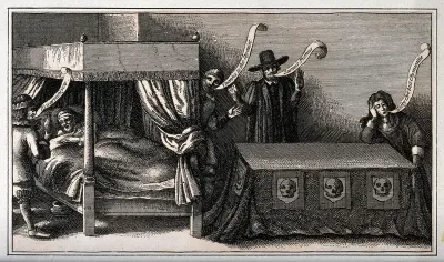 King James I of England on his deathbed, attended by courtiers trying to poison him