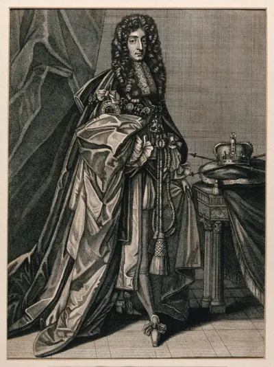King James II; table with a crown in the background