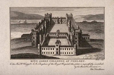 King James's College, Chelsea: bird's eye view looking south with boats on the river