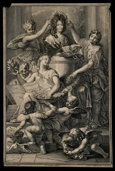King Louis XIV is crowned with a garland while the 'Dictionaire de l'academie françoise' is celebrated with flowers by three women aided by genii