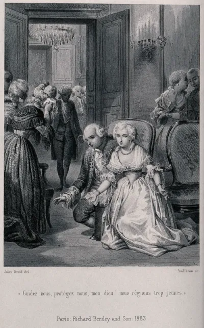 King Louis XVI and Marie Antoinette kneel in prayer as Louis becomes king of France on the death of Louis XV