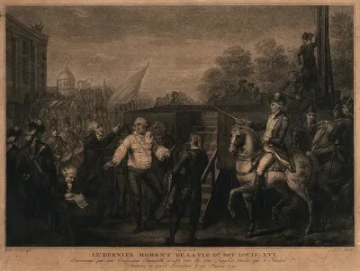 King Louis XVI of France bids his farewell to the people of Paris while ascending the stairs to the scaffold where he was guillotined on the 21 January 1793