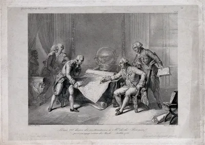 King Louis XVI, seated, is giving instructions to La Perouse before his departure in 1785 to explore the Pacific Ocean