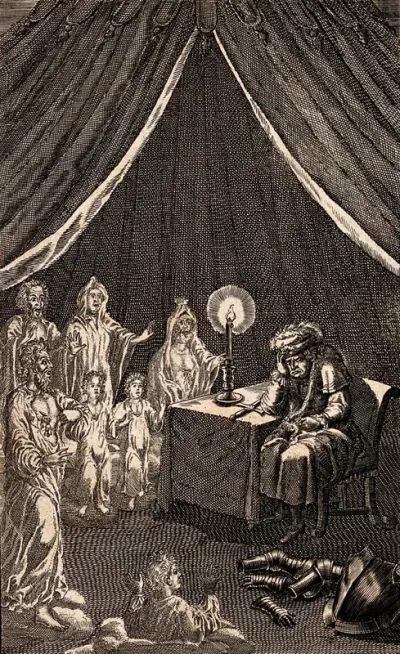King Richard III, sleeping in the night before the battle of Bosworth Field, is arraigned by seven ghosts, who tell him to "Despair and die"