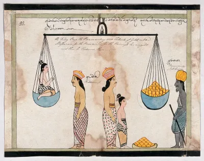 King Sanjaya redeems the children of Vessantara, paying to the brahmin the weight of the girl in gold