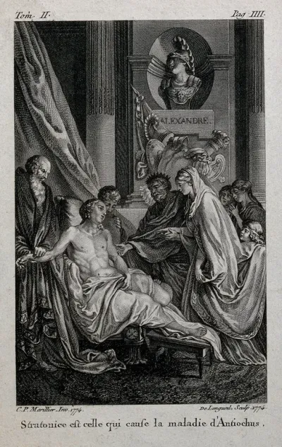 King Seleucus and Queen Stratonice are visiting Antiochus who is reclining on a daybed while his physician Erasistratus is taking his pulse