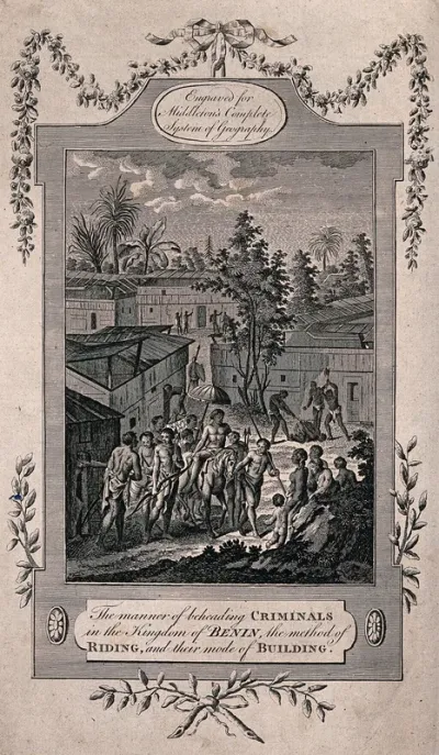 Kingdom of Benin, Nigeria: a grandee riding on horseback with his attendants; the beheading of a criminal; the use of retractable roofs in houses