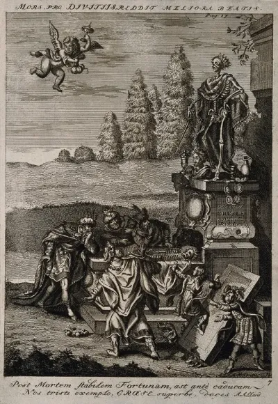Kings examine the skeleton of King Croesus; allegory of vanity in the face of death