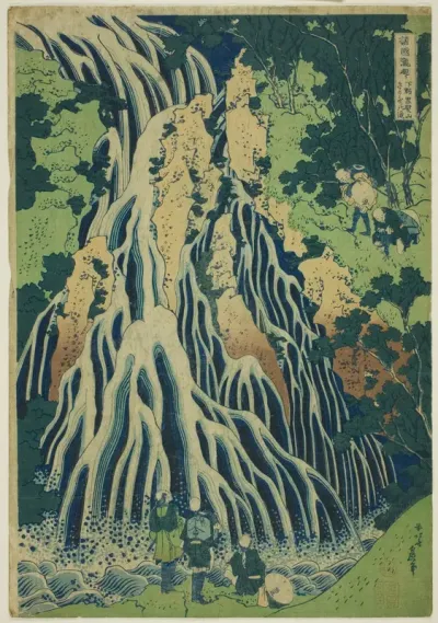 Kirifuri Falls at Mount Kurokami in Shimotsuke Province (Shimotsuke Kurokamiyama Kirifuri no taki), from the series "A Tour of Waterfalls in Various Provinces (Shokoku taki meguri)"