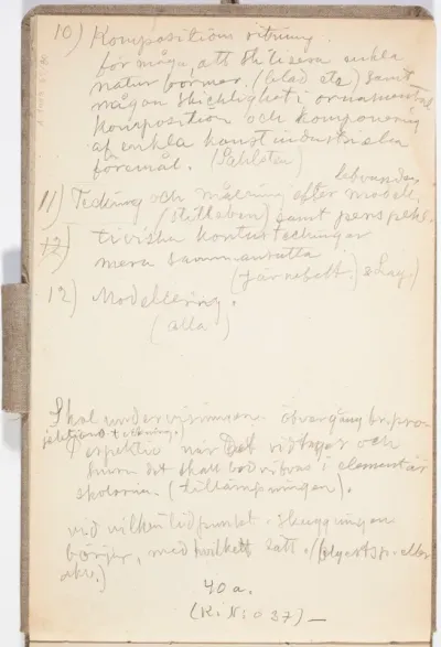 Kirjoitusta. Piirustuksen opetusohjelma tai lukujärjestys ilmeisesti Helsingin yliopiston piirustussalissa n. 1908-09.