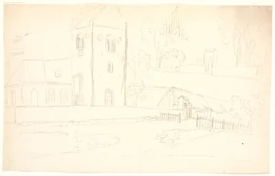 Kirke og gård samt kirkegårdsmur og port. Gentofte kirke?