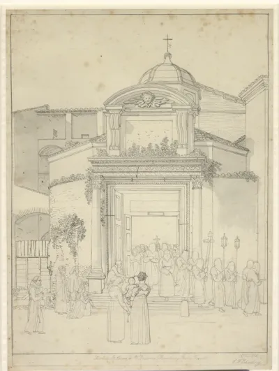 Kirken sta. Cosmos e Sta. Damians (Romolus og Remus Templet) med munke i procesion, der kommer ud af kirkedøren.