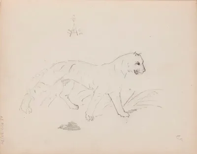 Kissaeläin. Merkitty: 10/4 1865 AE (monogrammi)