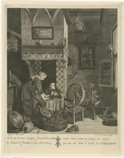 Kitchen interior with a woman and a boy
