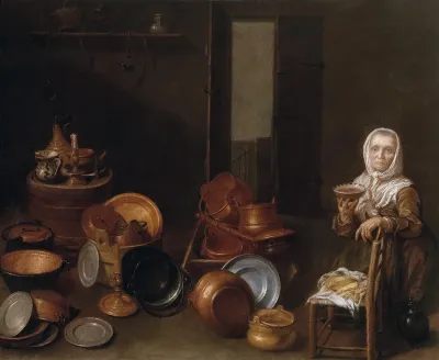 Kitchen interior with an old women