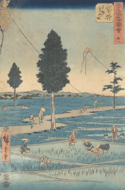 Kite-flying over the Rice Fields (28th sheet from the series of 53 well-known views of the Western Japan