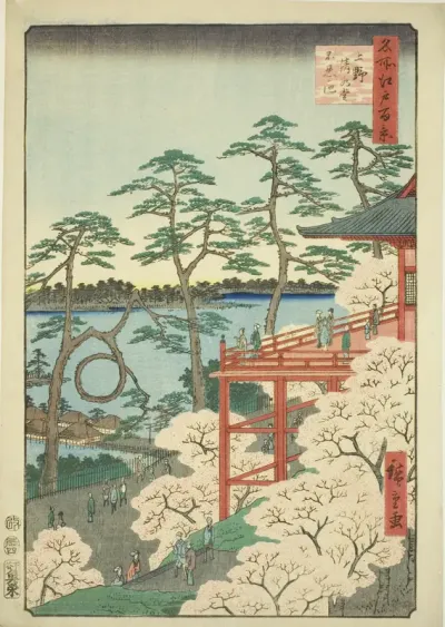 Kiyomizu Hall and Shinobazu Pond at Ueno (Ueno Kiyomizudo Shinobazu no ike), from the series "One Hundred Famous Views of Edo (Meisho Edo hyakkei)"