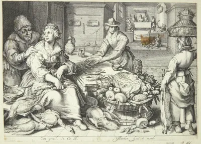 Køkkenscene med en køkkendame, der plukker fjerkræ