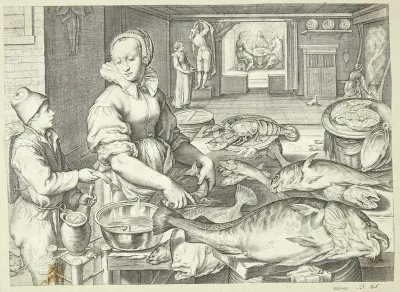 Køkkenscene med en køkkendame, der renser fisk
