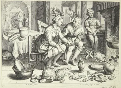 Køkkenscene med en mand og en kvinde, der steger en kylling