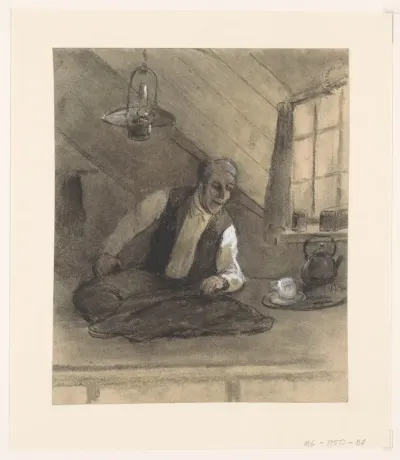 Kleermaker aan het werk op een zolderkamer