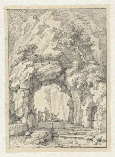 Klein landschap met figuren onder een rotsboog