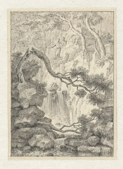 Klein landschap met twee mannen bij een waterval